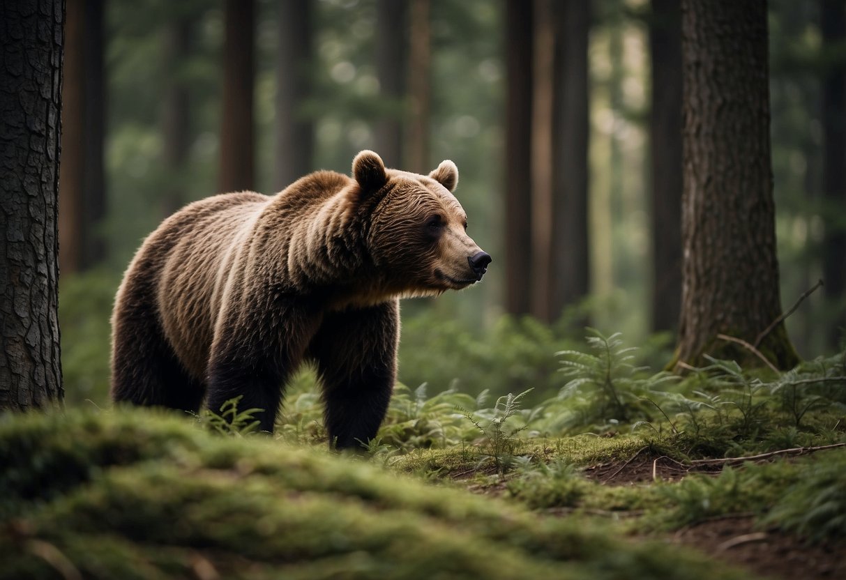 A bear sniffs the air, ears perked, as it roams through a forest. It pauses to scratch its back on a tree, then continues on its path