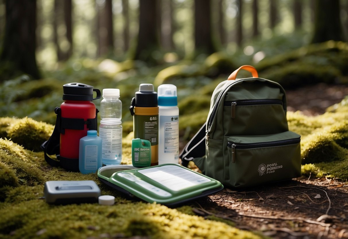 A map and compass lay on a mossy forest floor. A backpack is open, revealing a first aid kit and bear spray. A bear-proof food container sits nearby. The sun shines through the trees, casting dappled shadows on the ground