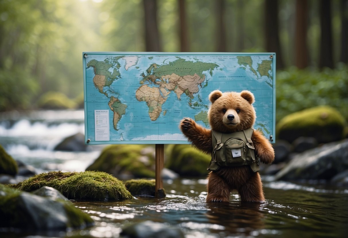 A bear crossing a river, while orienteering signs guide hikers through the dense forest. A map and compass are held by a figure in the background