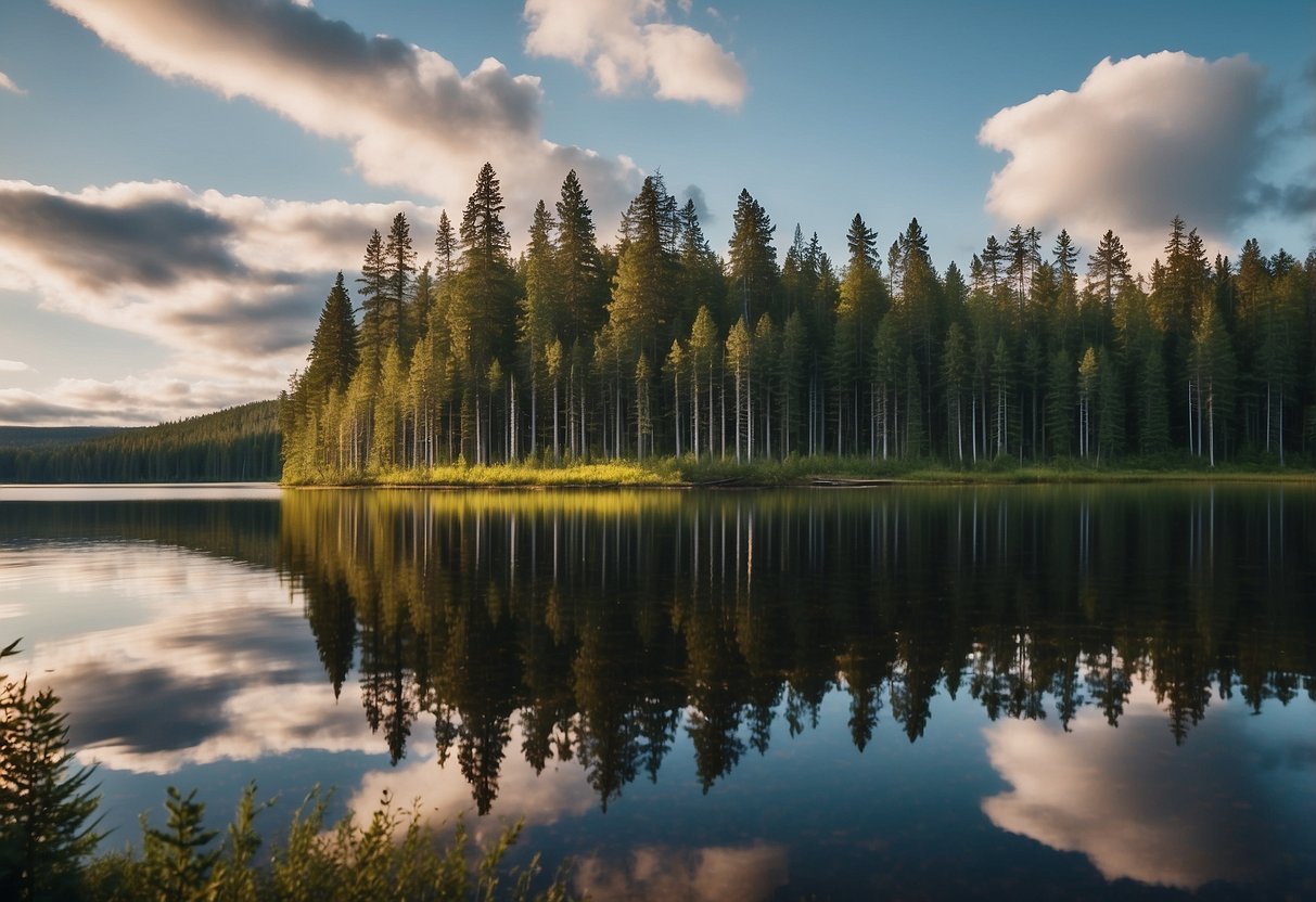 Lush green forest surrounds a clear, reflective lake in the Jämtland Triangle, Sweden. Tall, majestic trees stand proud against the backdrop of a cloud-filled sky