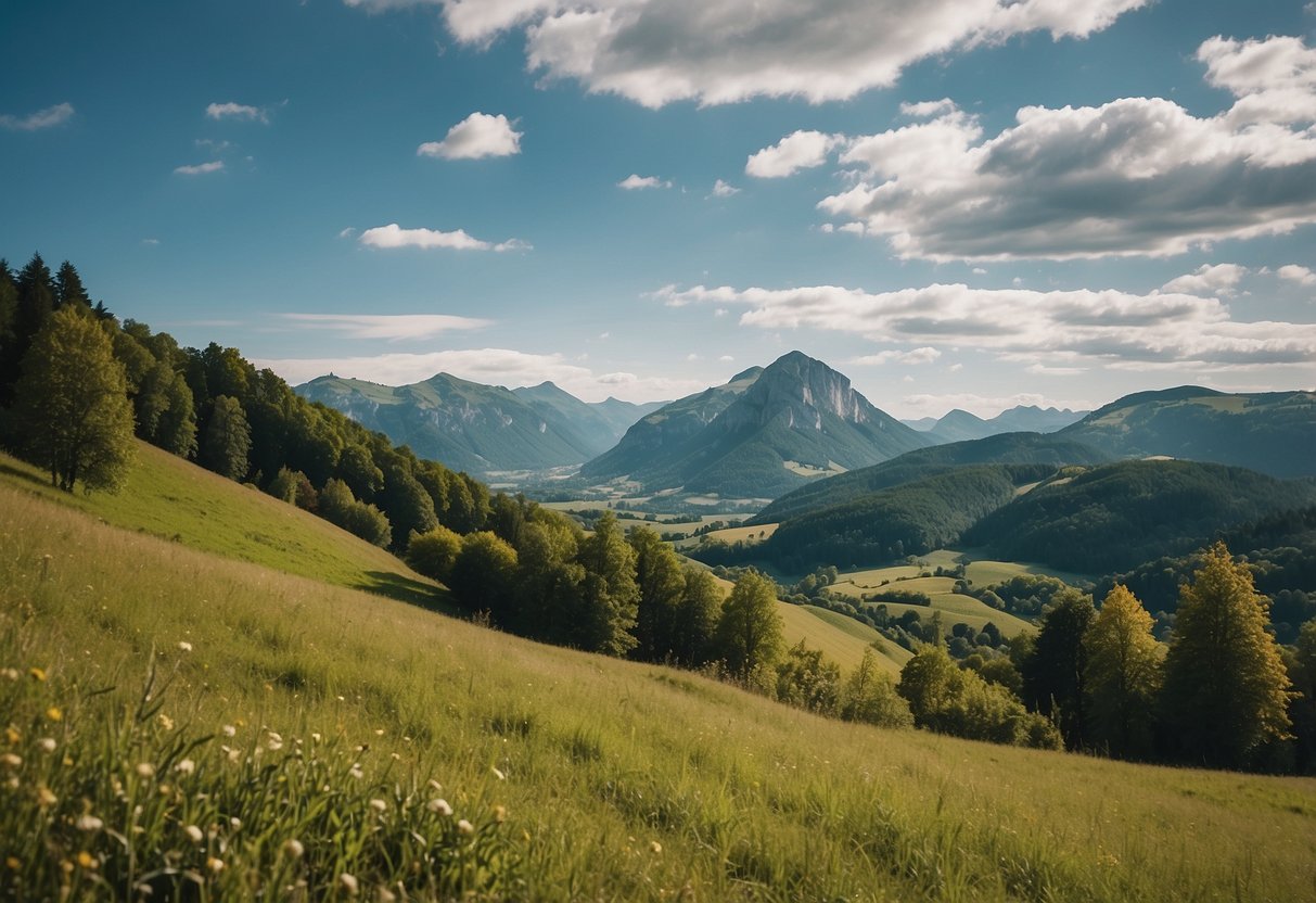 Rolling hills, lush greenery, and towering peaks of the Jura Mountains in France. A serene and picturesque landscape for orienteering