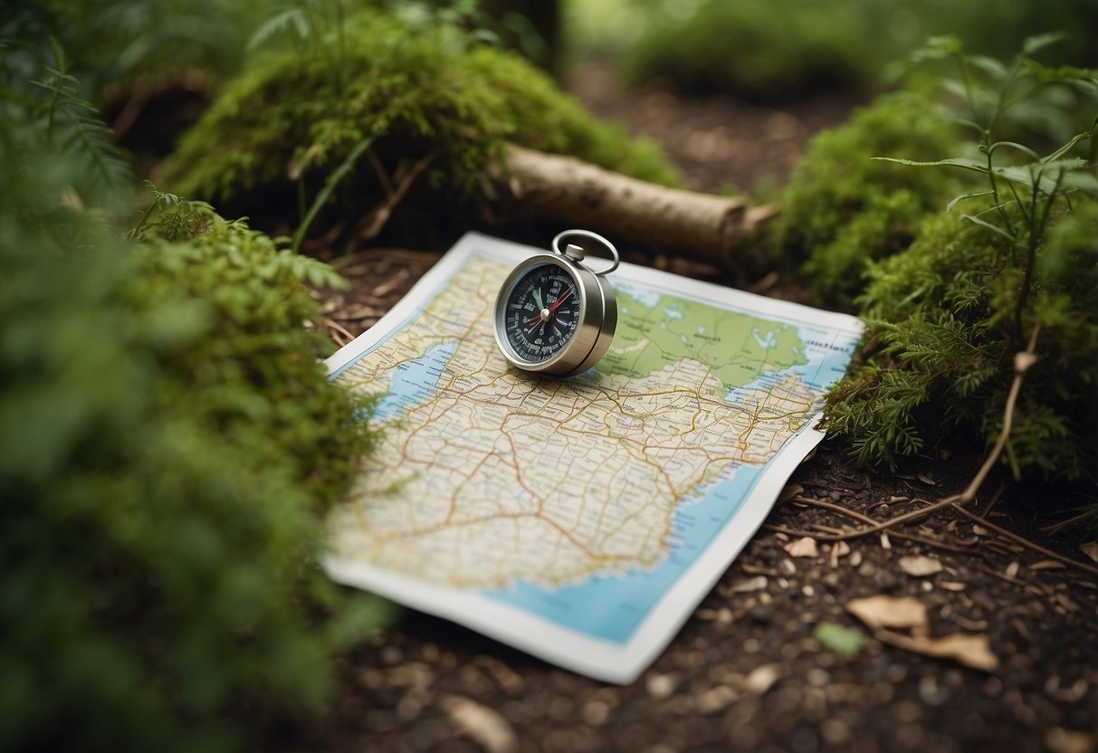 A forest trail winds through lush greenery, with a map and compass lying on the ground. A signpost points to different destinations in Europe