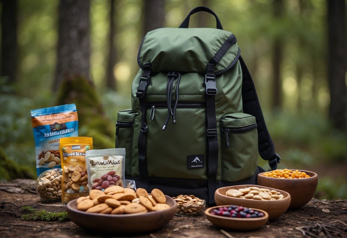 A backpack with 10 assorted lightweight snacks, such as trail mix, energy bars, and dried fruit, laid out on a map in a forest clearing