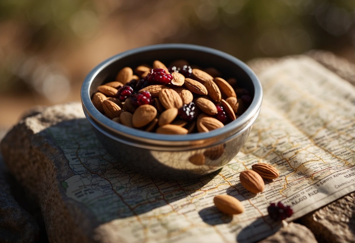 A pile of trail mix with almonds and dried cranberries sits on a rock, surrounded by a map, compass, and backpack. The sun shines down on the scene, casting shadows on the ground