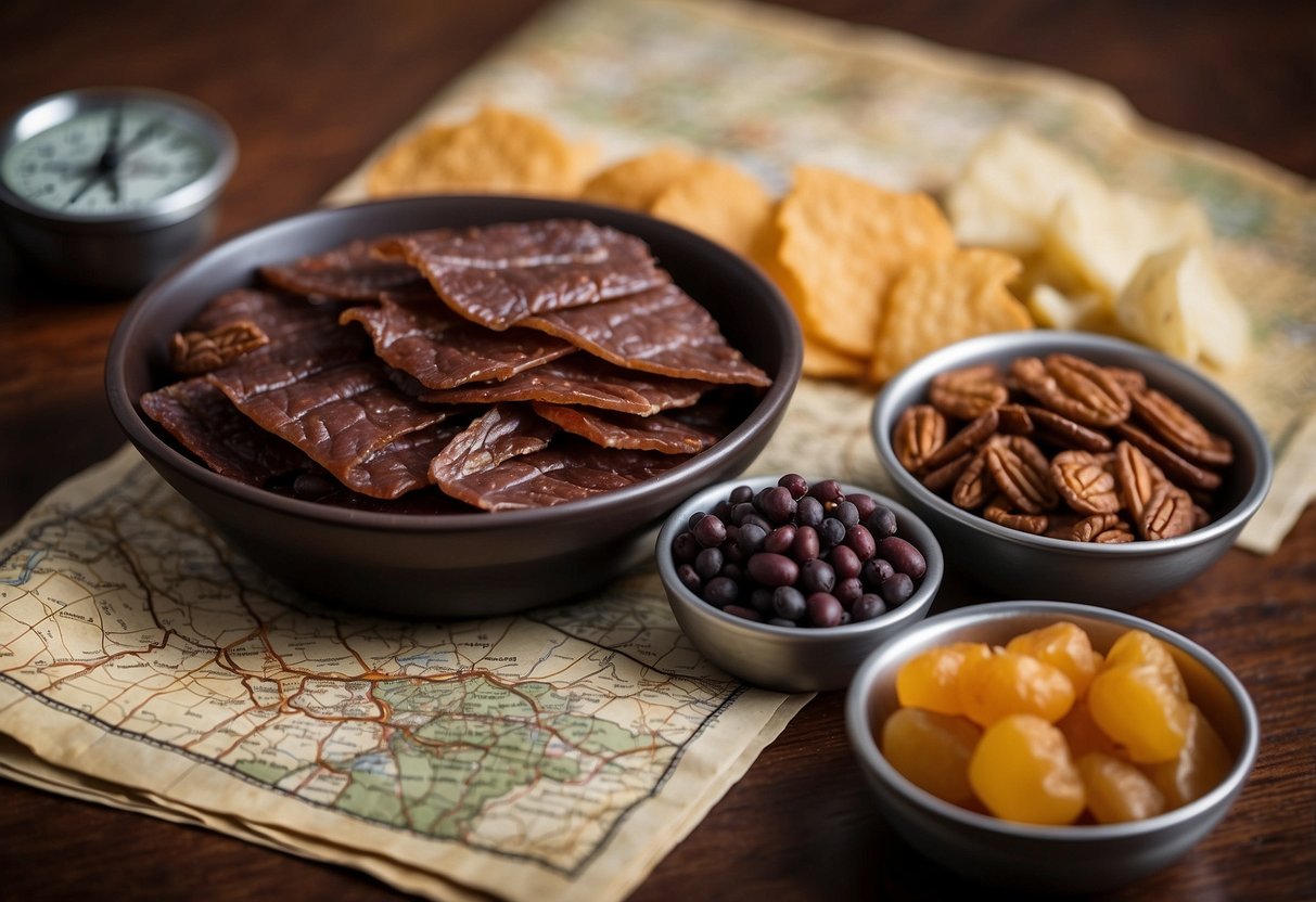 A pile of beef jerky and a selection of lightweight snacks arranged on a table, with a map and compass in the background