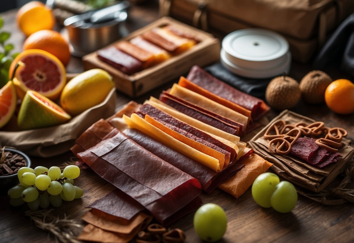 A colorful array of fruit leather snacks arranged on a light and compact packaging, surrounded by hiking gear and a map