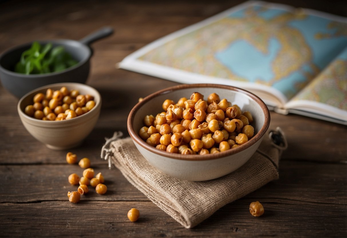 A bowl of roasted chickpeas sits on a rustic wooden table next to a map and compass, with a backpack and hiking boots in the background