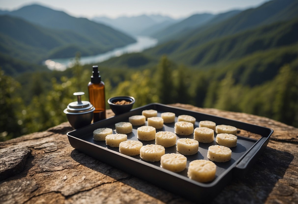 Mini rice cakes arranged on a portable tray, surrounded by a compass, map, and water bottle. Forest and mountain landscape in the background