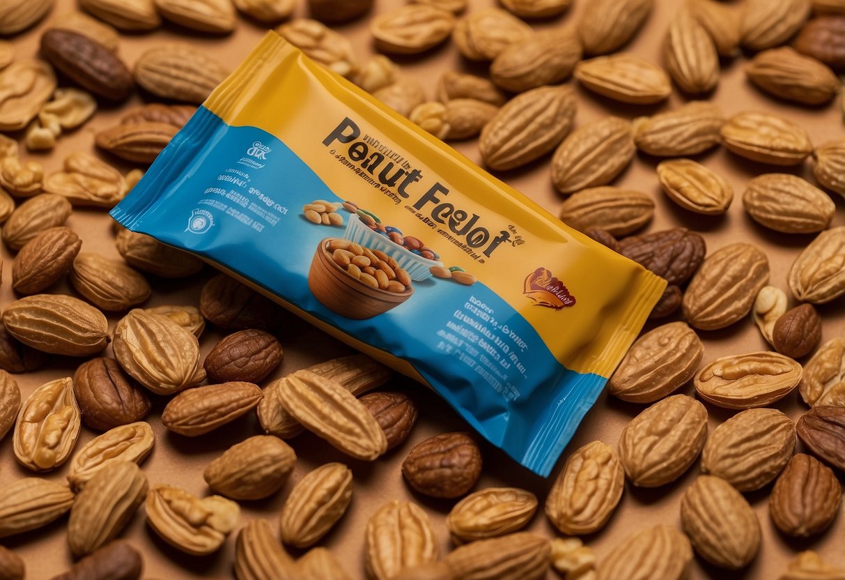 A pile of peanut butter packets arranged neatly on a table, surrounded by granola bars and trail mix. The packets are colorful and lightweight, perfect for packing on orienteering trips