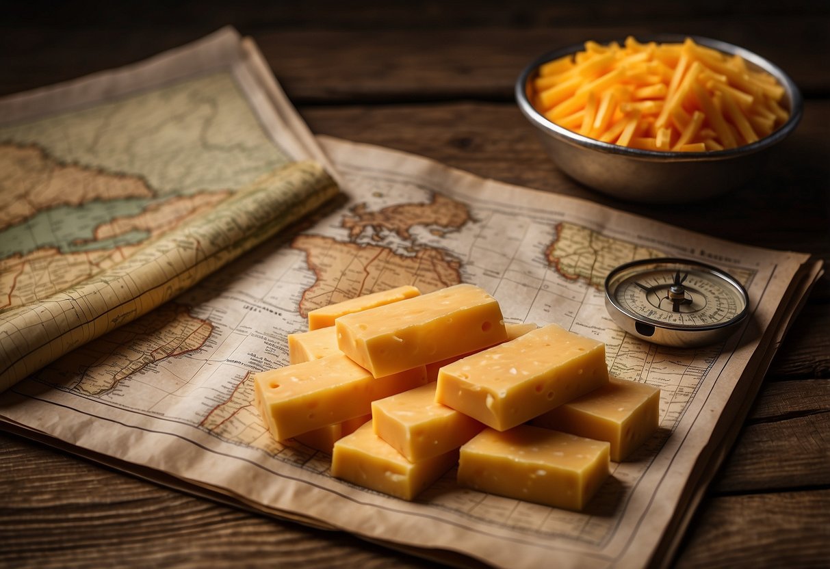 A pile of cheddar cheese sticks sits on a rustic wooden table next to a map and compass, ready for an orienteering trip