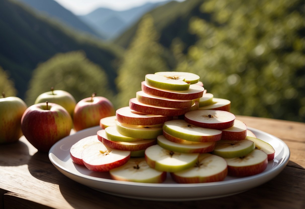 A pile of apple slices arranged neatly on a lightweight snack tray, with a backdrop of a scenic orienteering trail