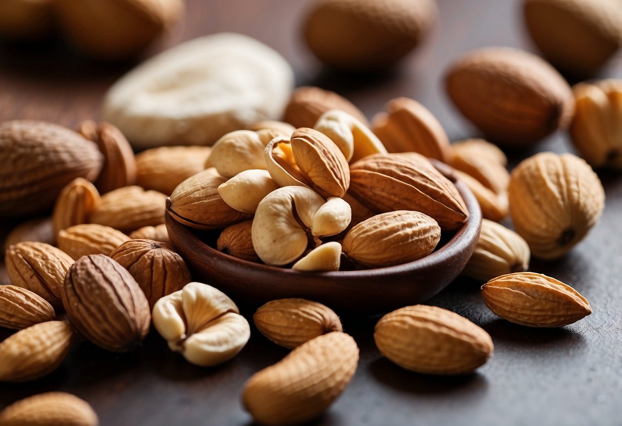 A variety of nuts scattered on a flat surface, including almonds, cashews, and peanuts. A backpack and map are nearby, suggesting an orienteering trip