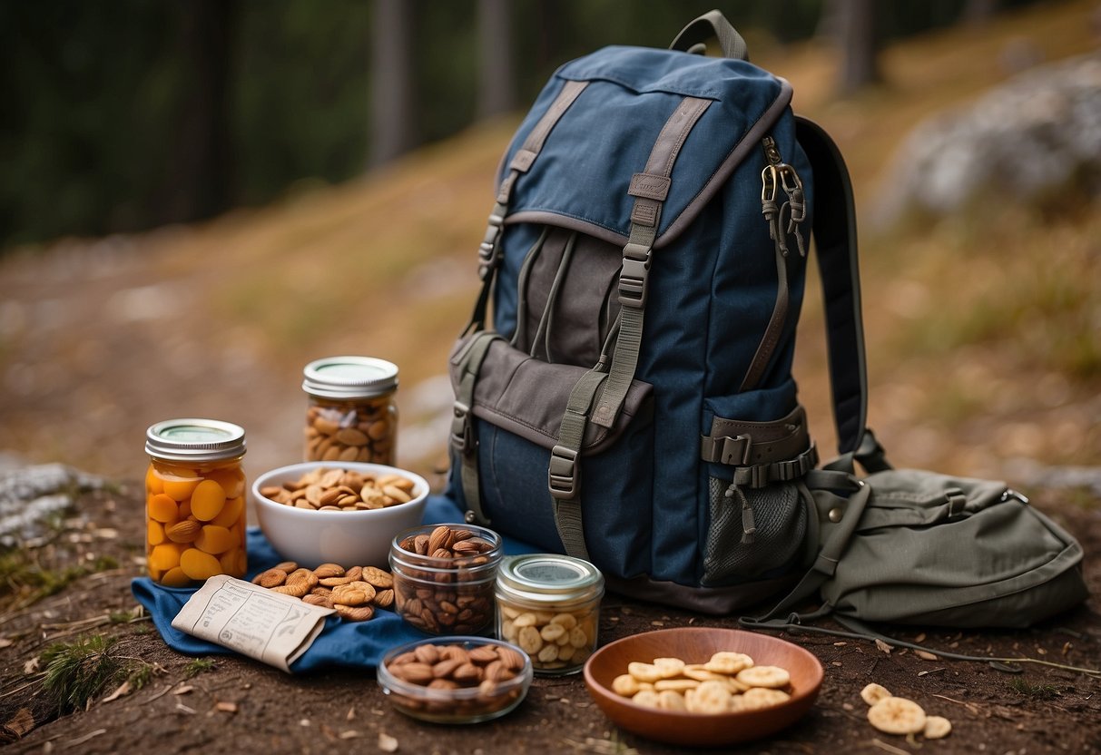 A backpack lies open, revealing a variety of lightweight snacks: nuts, dried fruit, energy bars, and jerky. A map and compass sit nearby, ready for an orienteering adventure