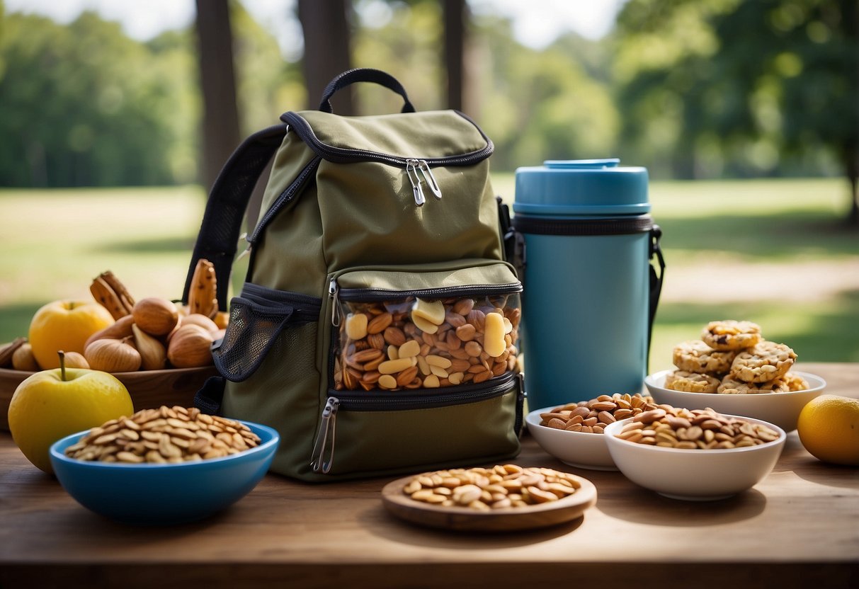 A backpack filled with granola bars, trail mix, and dried fruit. A small cooler holds pre-made sandwiches and fruit. A storage container with nuts and seeds sits on the table