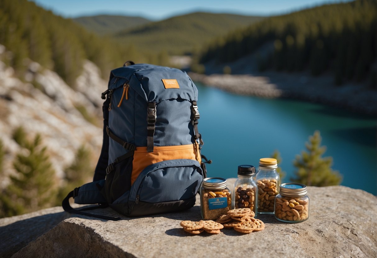 A backpack filled with trail mix, granola bars, and dried fruit. A water bottle and energy gels scattered nearby. Map and compass on a rock