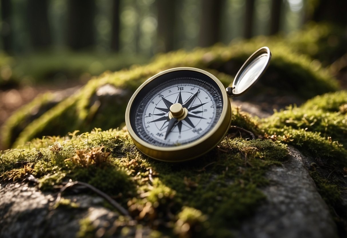 A compass and map lay on a moss-covered rock. Trees tower overhead, casting dappled sunlight on the forest floor. A trail marker is visible in the distance, leading deeper into the backcountry