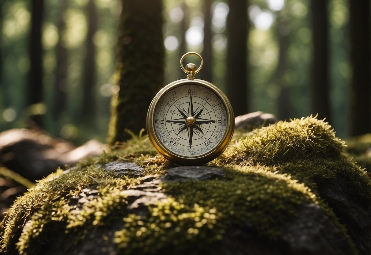 A compass resting on a weathered map atop a moss-covered rock in a dense forest clearing, surrounded by towering trees and dappled sunlight