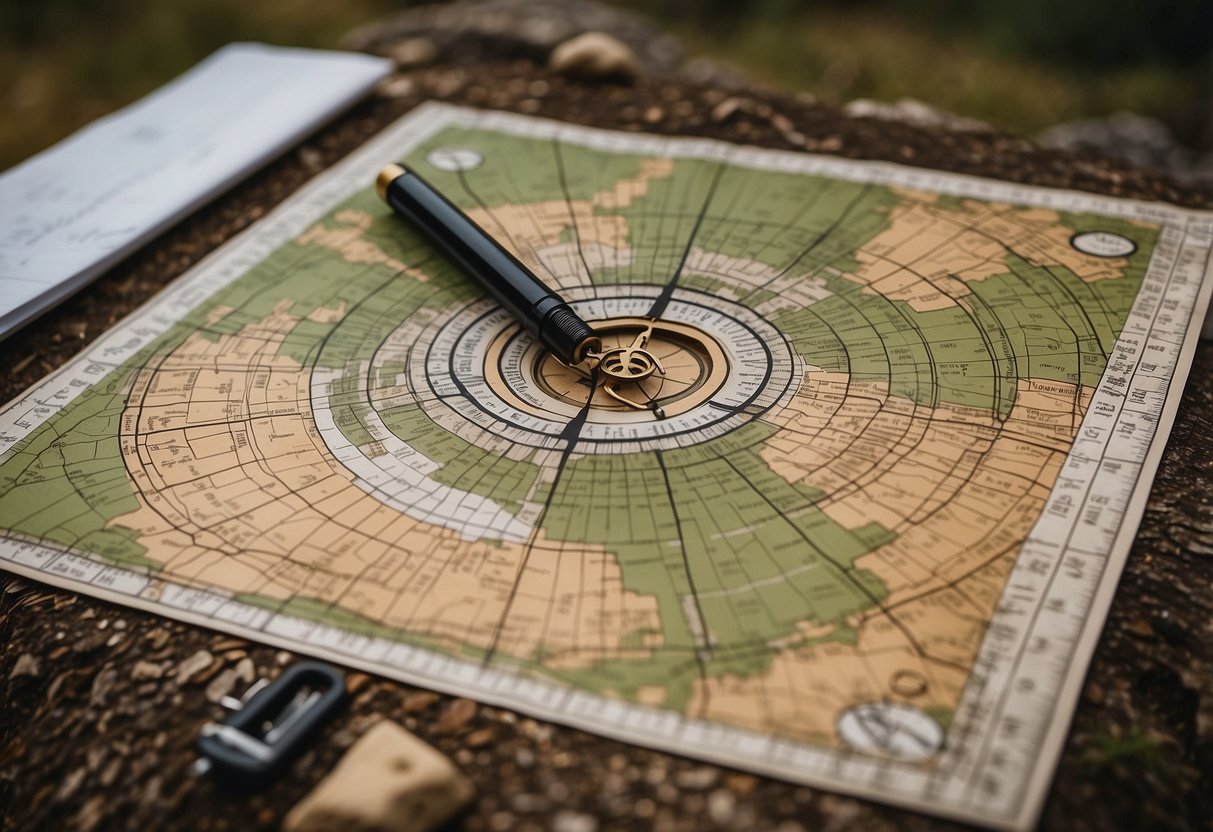 A detailed orienteering map laid out on a flat surface, surrounded by compass, ruler, and pencil. A rugged backcountry landscape in the background