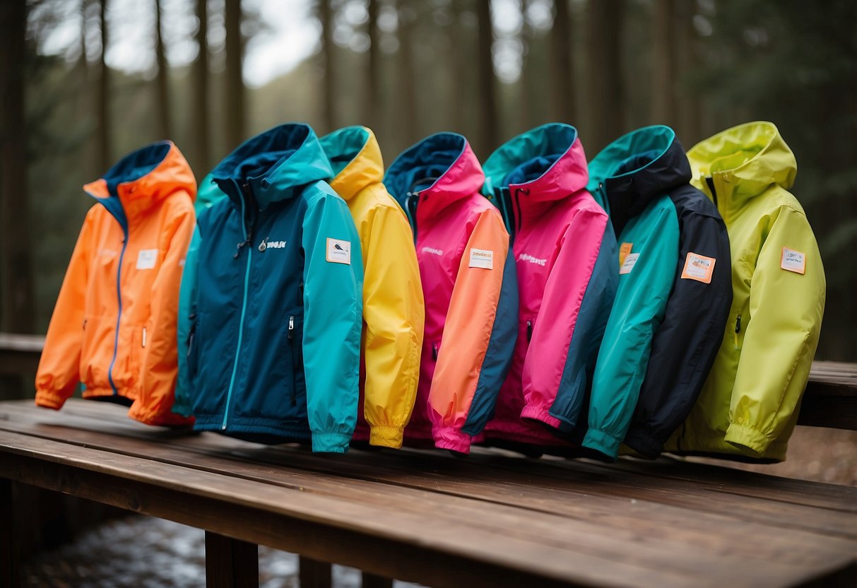 A group of lightweight jackets arranged on a table, each with unique features for orienteering. Bright colors and breathable materials stand out