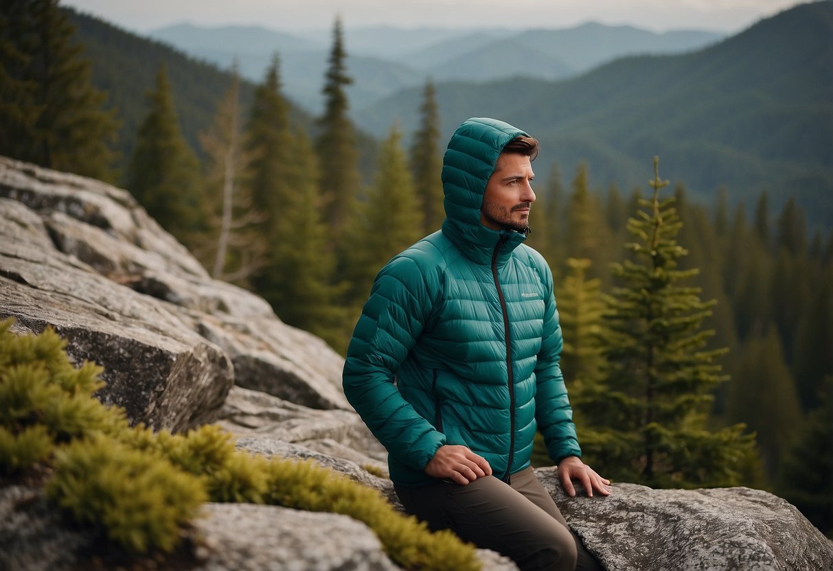 A Montbell UL Thermawrap Jacket lies atop a rocky outcrop, surrounded by a dense forest. The jacket's lightweight design is emphasized by the rugged terrain