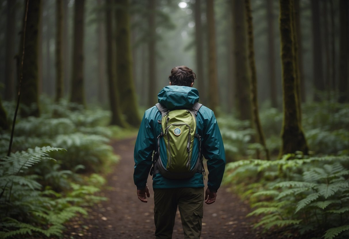 A hiker wearing a Columbia OutDry EX Featherweight Jacket navigating through a dense forest with a map and compass in hand