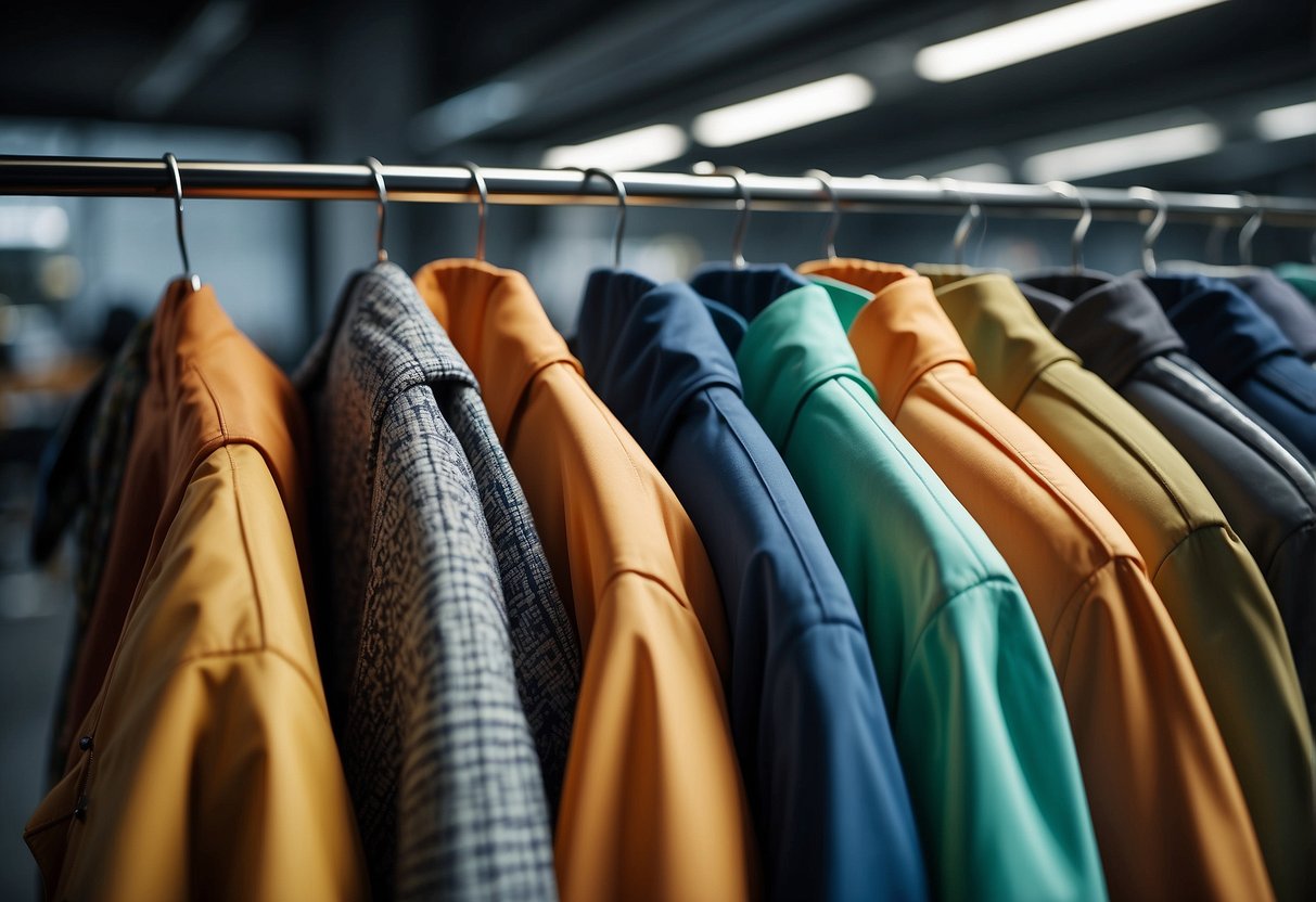 A group of lightweight jackets hanging on a rack, with various materials and fabric technologies displayed. Bright colors and reflective details catch the eye