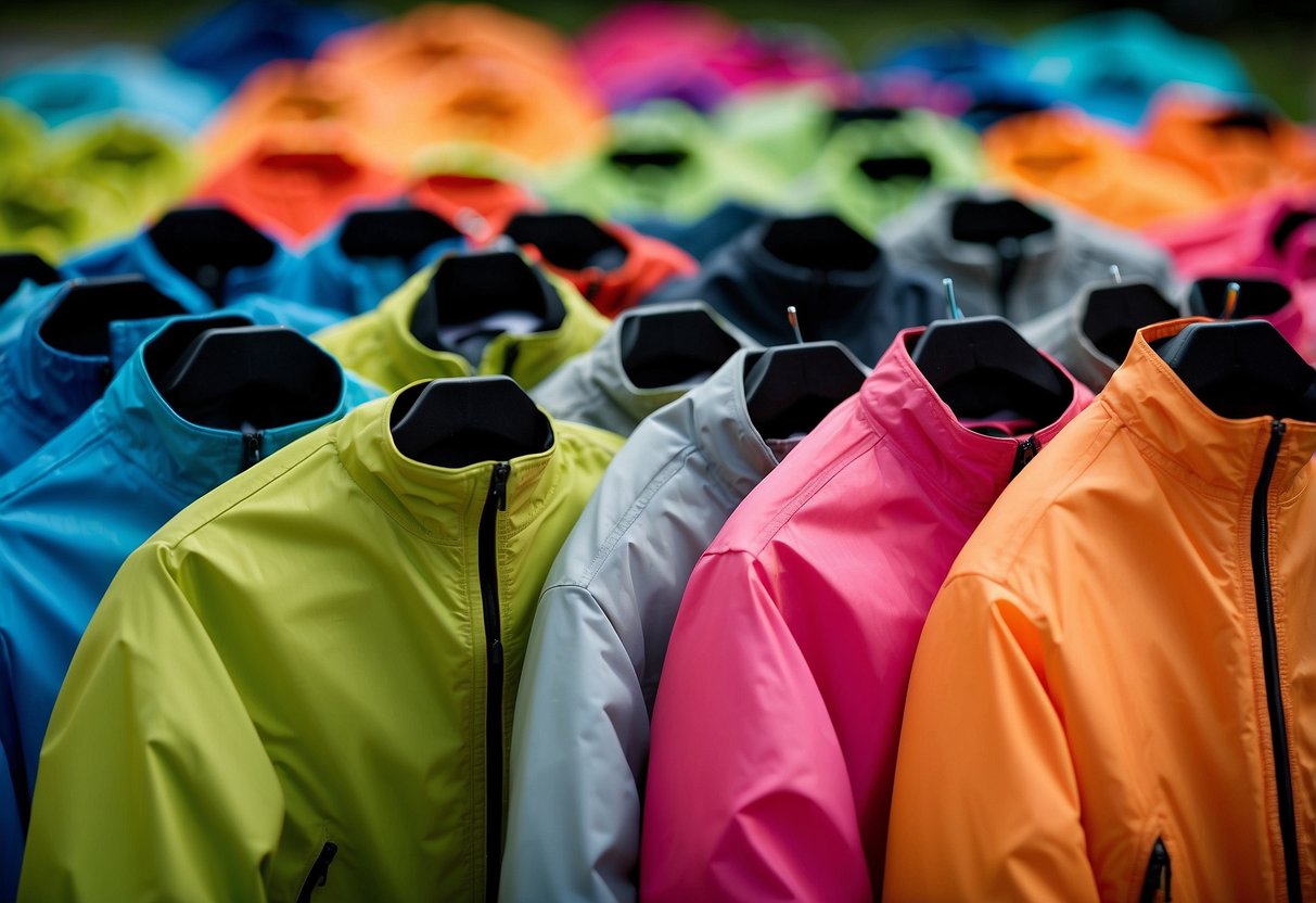 A group of lightweight jackets laid out on a table, each with unique features for orienteering. Bright colors and breathable materials are prominent