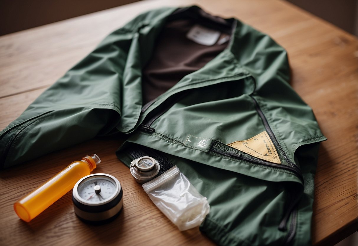 A lightweight jacket laid out flat on a table, with a small bottle of waterproofing spray and a soft cloth nearby. A map and compass sit next to it, ready for orienteering