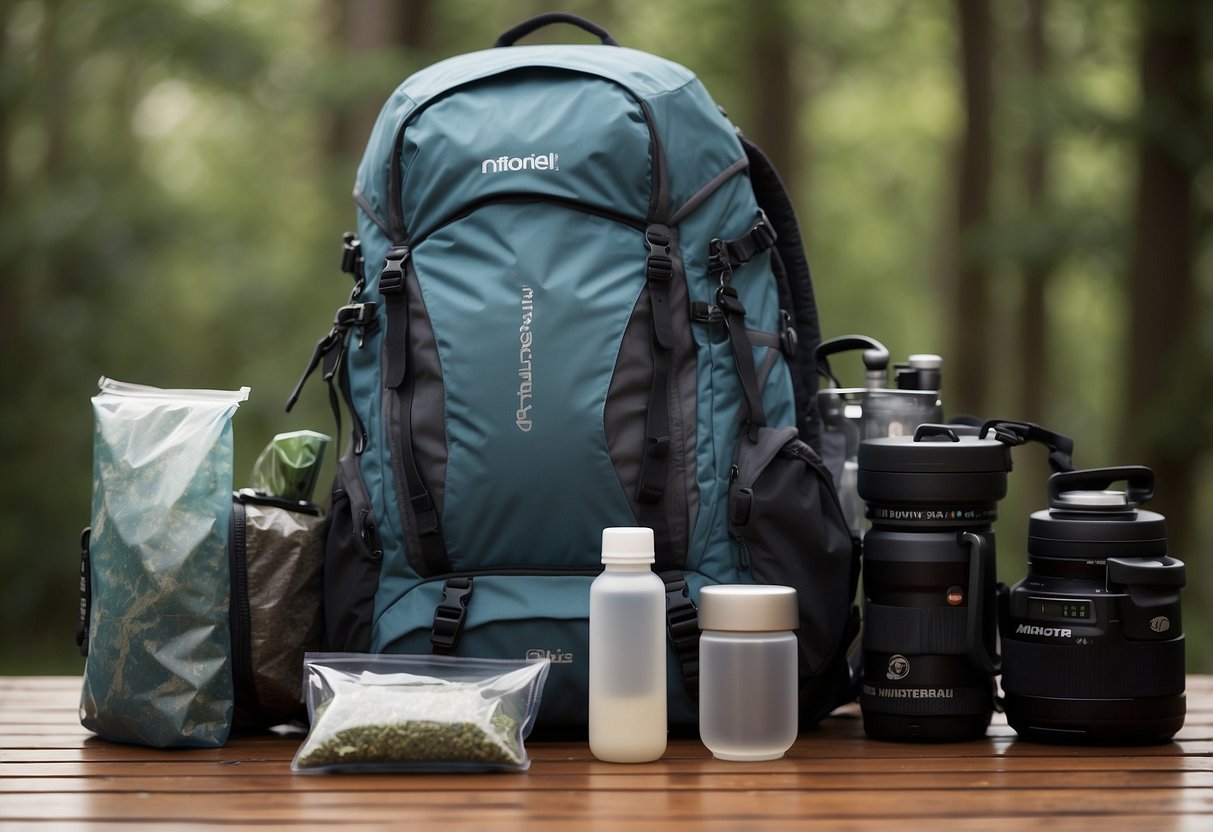 A backpack with a waterproof cover, a map in a clear plastic case, a dry bag for electronics, a waterproof jacket, and a waterproof pouch for snacks and supplies