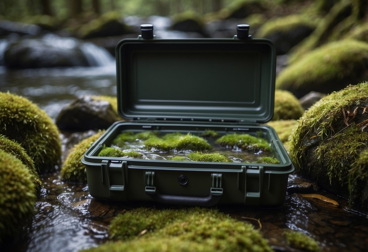 A waterproof map case lays open on a moss-covered rock, surrounded by scattered gear. Rain falls gently, creating ripples on the nearby stream