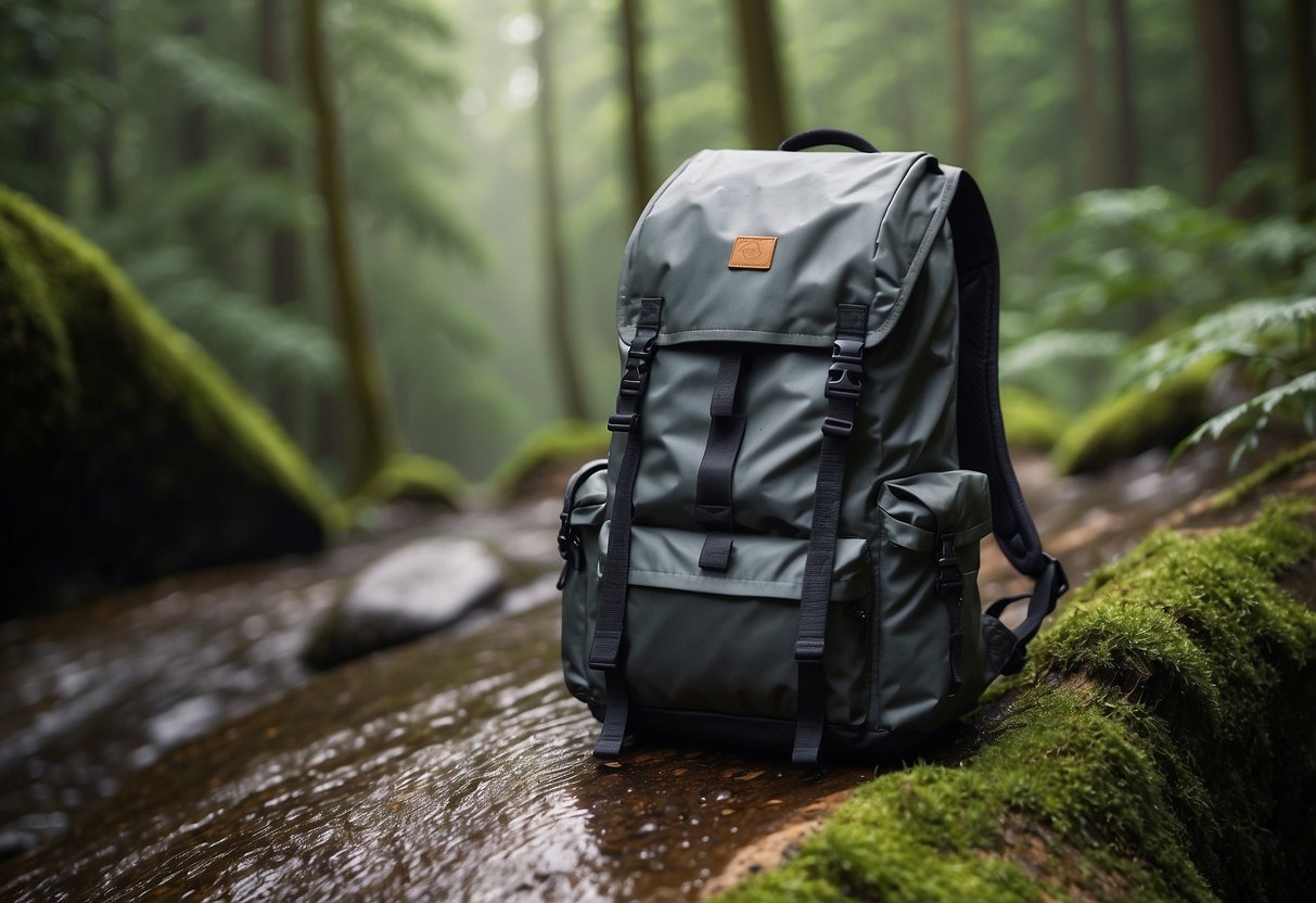 A water-resistant backpack sits on a rocky trail, surrounded by dense forest. Rain pours down, but the gear inside remains dry thanks to the backpack's waterproof material and secure closures