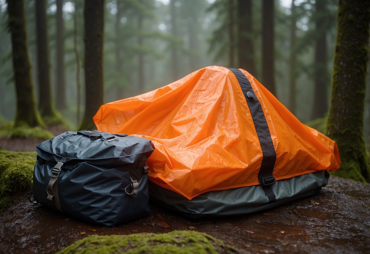 A bright orange emergency space blanket is draped over a pile of orienteering gear, protecting it from the pouring rain. The gear includes a map, compass, and waterproof bag