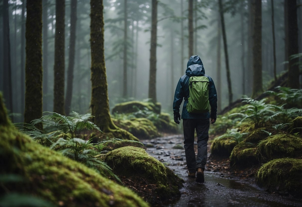 A person wearing waterproof clothing layers while navigating through a forest. Rain is falling, but the gear is keeping them dry