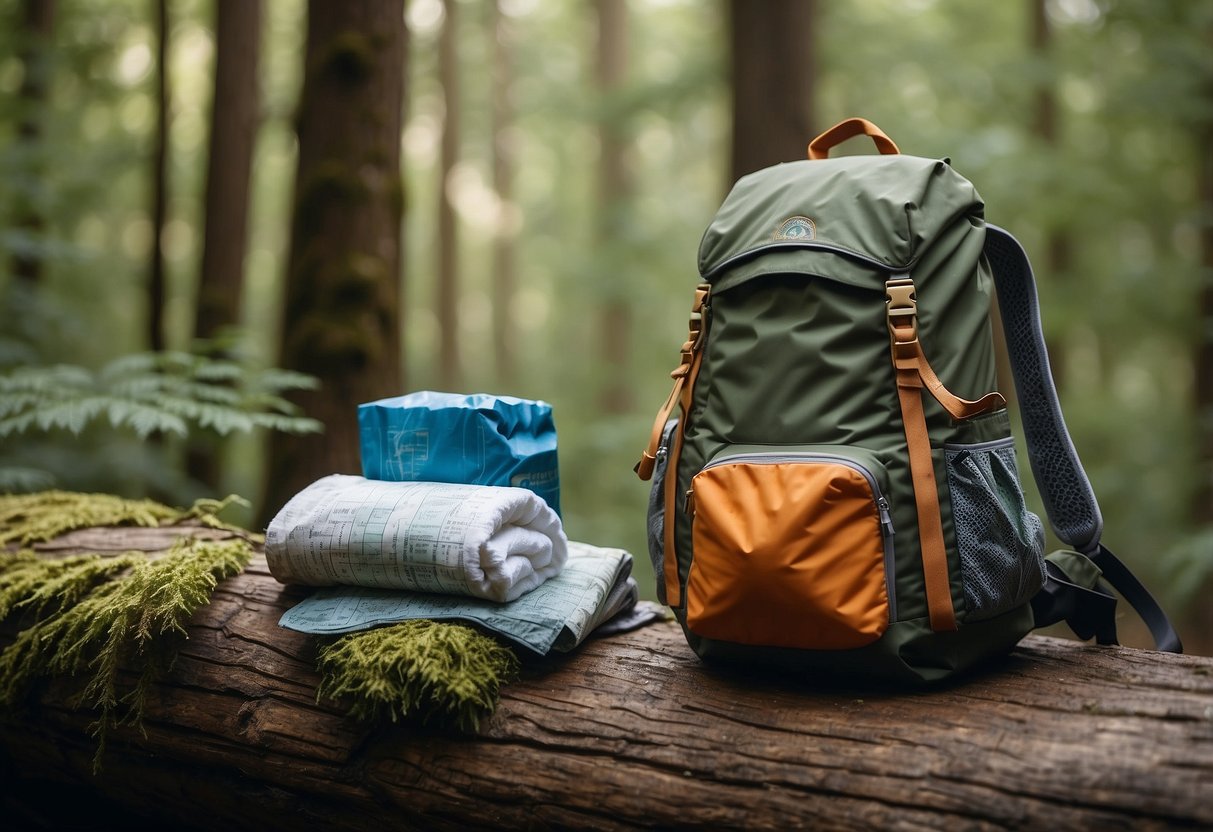 A colorful quick-drying towel draped over a backpack, with a waterproof cover and dry bags for gear, surrounded by a forest setting with a map and compass