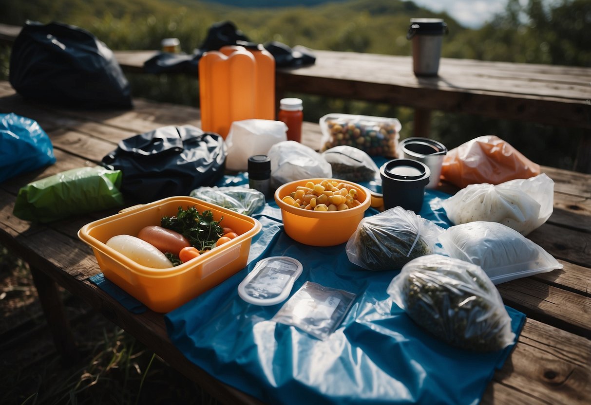 A table with various sealed food containers surrounded by waterproof bags, dry sacks, and plastic bins, all labeled "10 Ways to Keep Your Gear Dry While Orienteering."