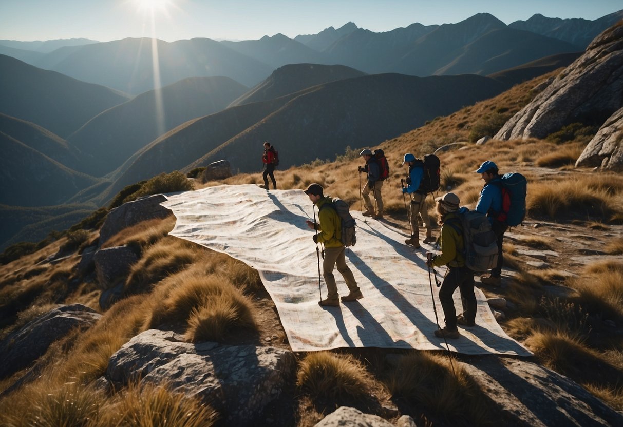 A group of orienteers navigate through rugged, mountainous terrain. The air is thin and crisp, with the sun casting long shadows over the rocky landscape. They carefully consult their maps and compasses, adjusting their course to account for the challenging high