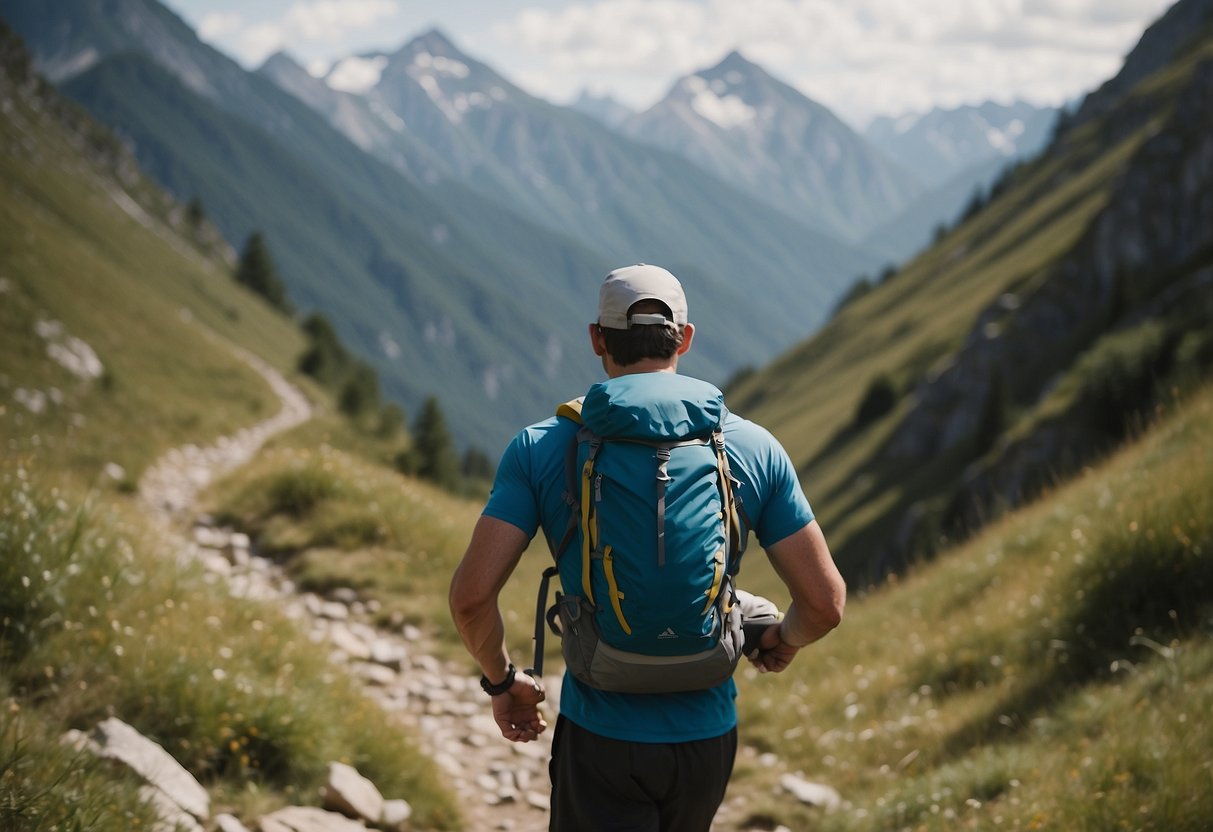 An orienteer navigates a mountain path, surrounded by towering peaks and crisp, thin air. They carry a water bottle and follow a map, mindful of the high altitude