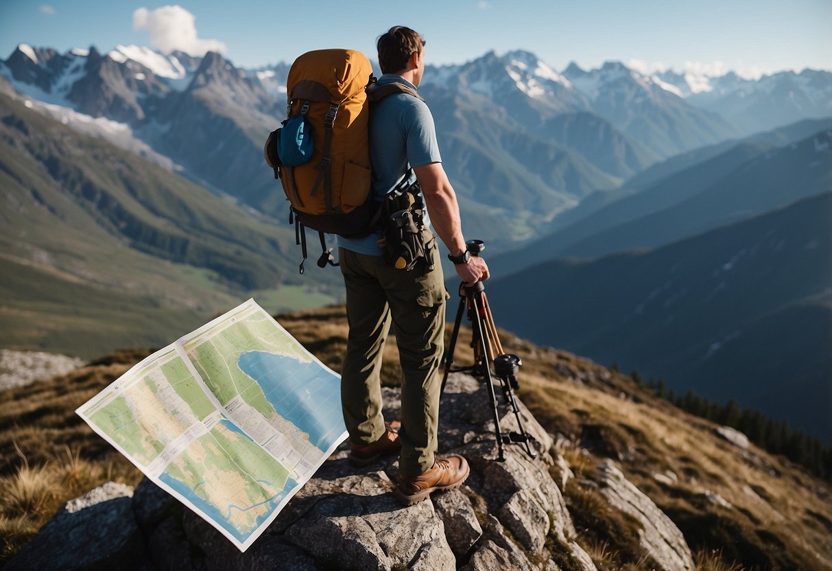 A figure stands atop a mountain, surrounded by rugged terrain and snow-capped peaks. They hold a map and compass, with essential gear strapped to their pack. The sky is clear, but the air is thin at high altitude