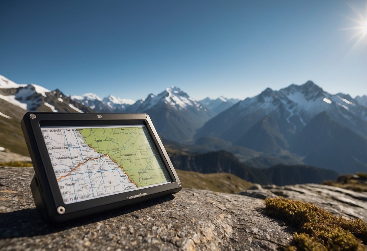 Clear skies, snow-capped mountains, compass, map, and a rugged trail with steep inclines. Wind blowing through the trees and a distant view of a mountain peak