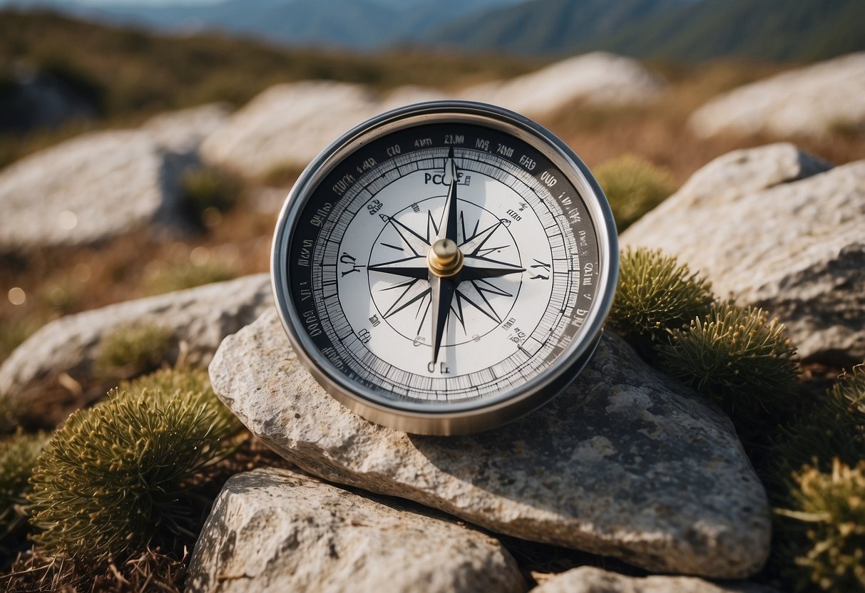 Orienteering map and compass on rocky, mountainous terrain. High altitude landscape with sparse vegetation and clear sky