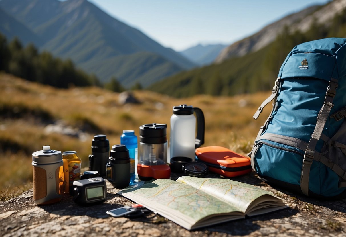 A mountainous landscape with a clear blue sky, featuring a backpack filled with high-energy snacks and a map, compass, and other orienteering tools scattered around