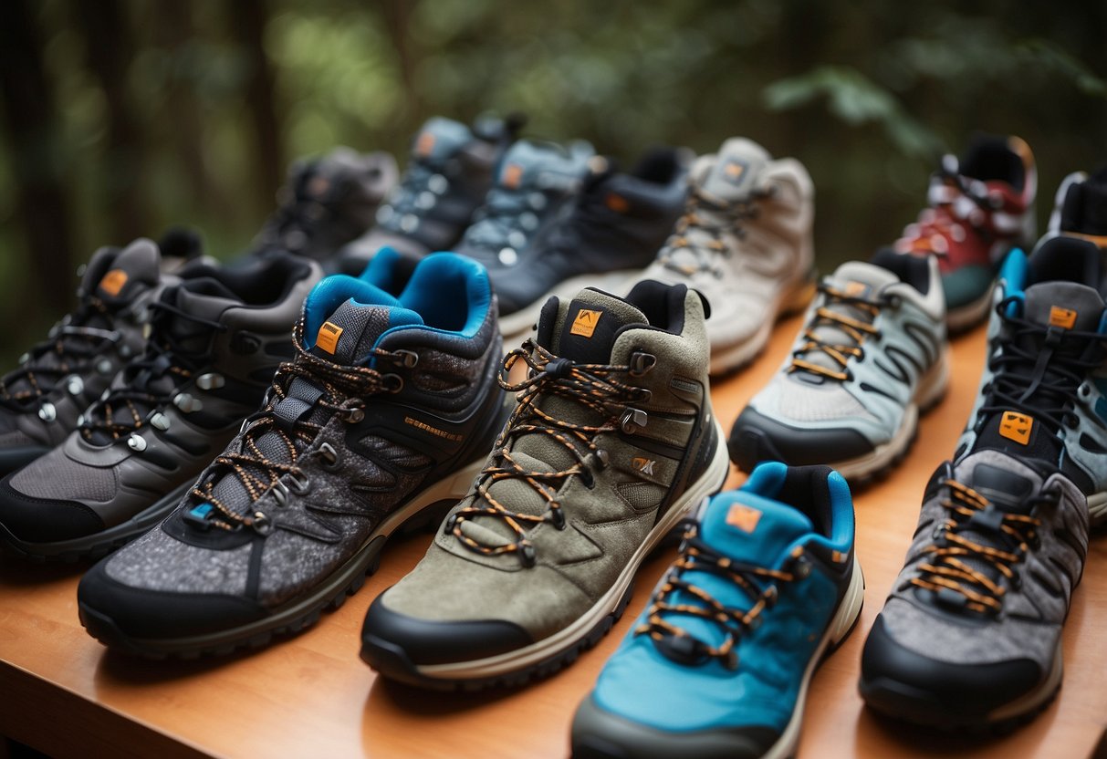 A table displaying 5 pairs of orienteering boots, each with comfortable padding and durable soles