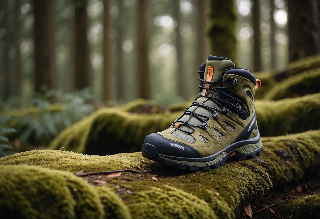 A pair of Salomon Quest 4D 3 GTX boots resting on a bed of soft moss, surrounded by towering trees and a winding trail disappearing into the distance