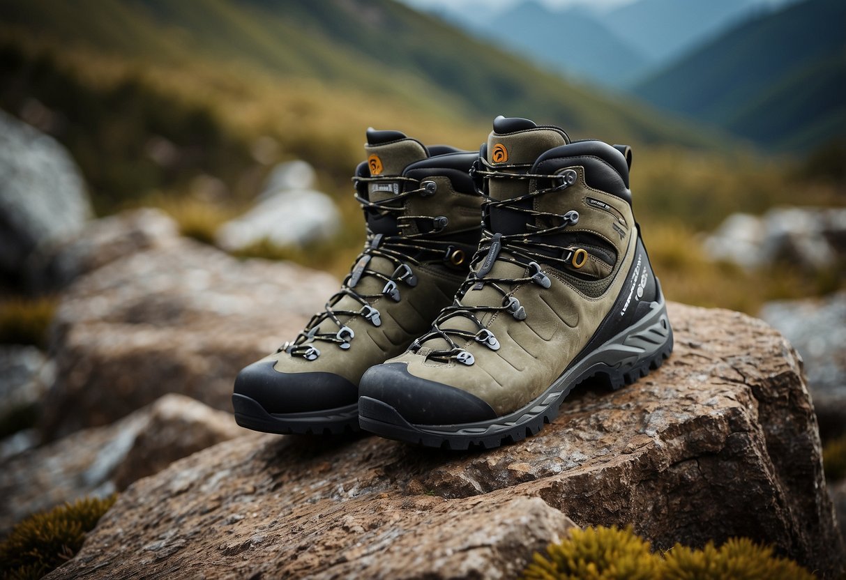 A pair of Scarpa Zodiac Plus GTX boots placed on a rugged terrain, surrounded by orienteering equipment and a map, showcasing their comfort and durability