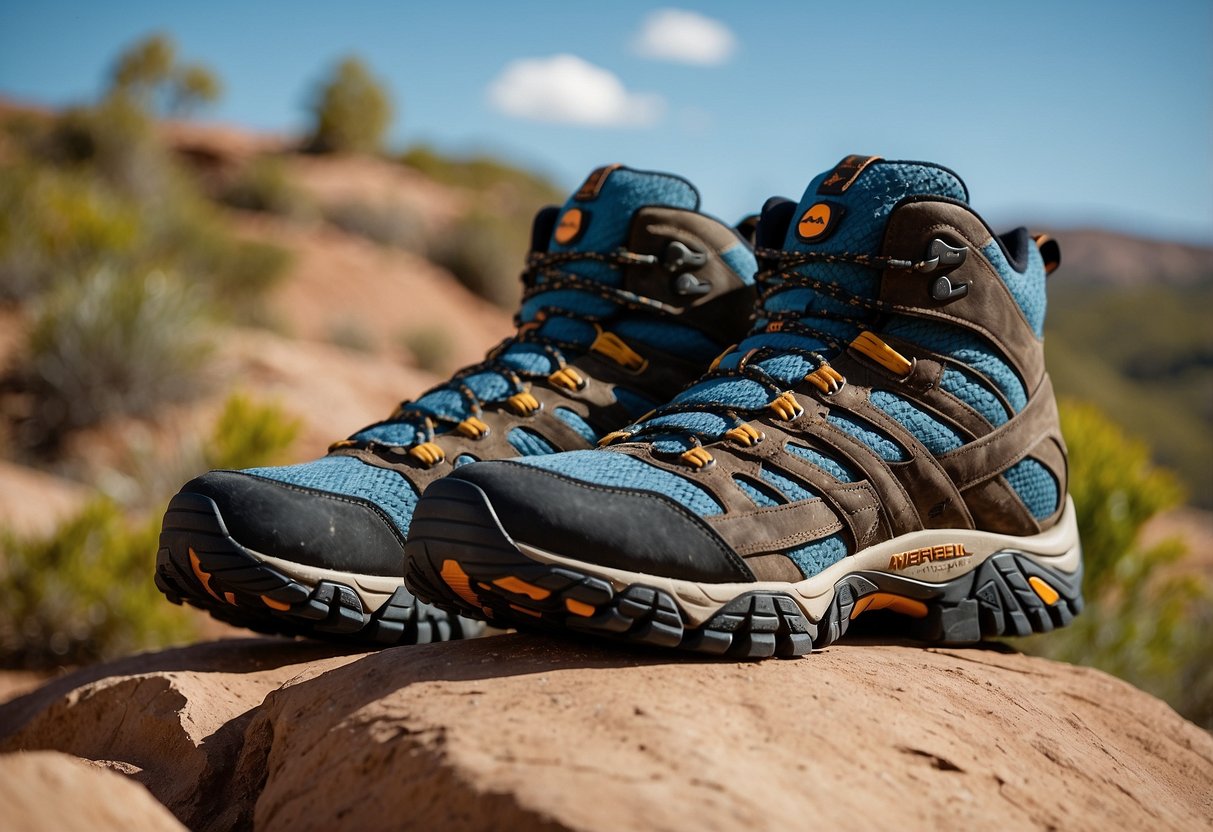 A pair of Merrell Moab 2 Mid Waterproof boots standing on a rugged orienteering trail, surrounded by lush greenery and a clear blue sky