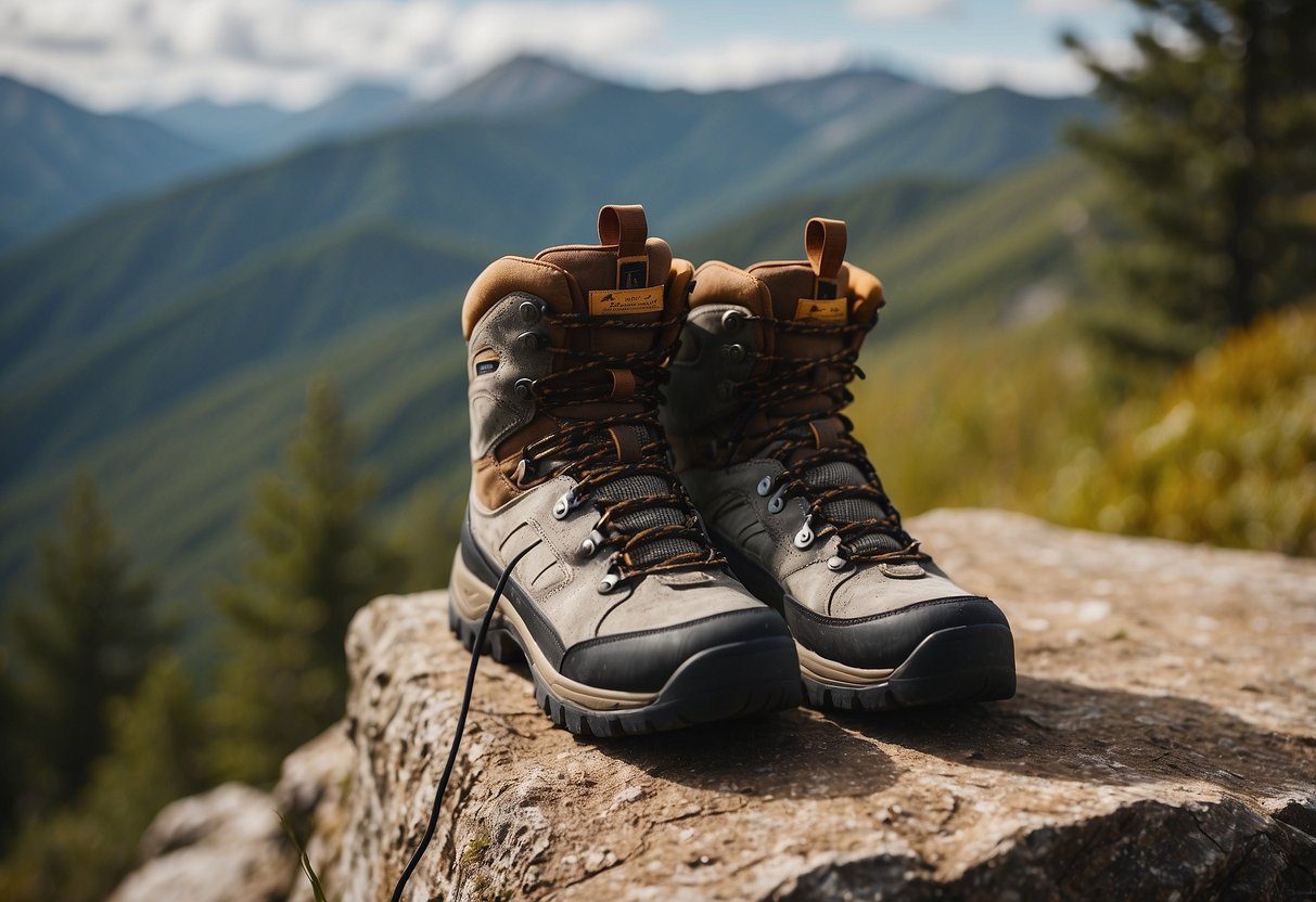 A pair of orienteering boots placed on a rugged terrain, surrounded by trees and a map. The boots are sturdy and comfortable, with laces tied securely