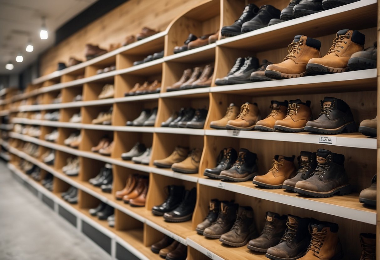 A variety of orienteering boots in different sizes and fits displayed on a shelf, with labels indicating comfort and quality