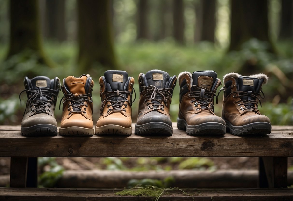 A row of well-worn orienteering boots lined up neatly on a wooden bench, surrounded by a collection of cleaning brushes, waterproofing spray, and a small pile of maps and compasses