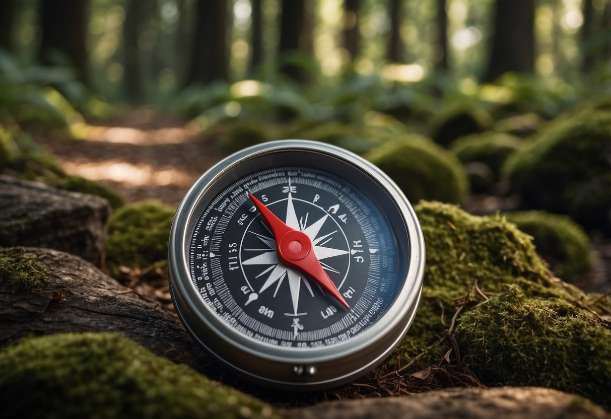 A compass pointing north with a map, whistle, and first aid kit nearby. A trail leads into a dense forest with clear sky above