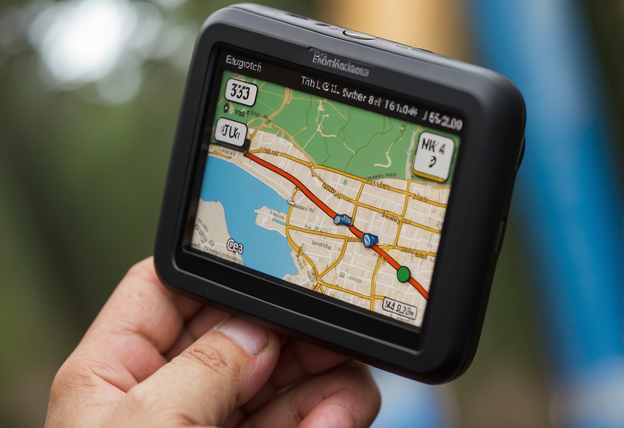 A GPS device displays a map with a blinking dot indicating the user's location. The device shows the distance and direction to a designated waypoint, along with the user's current speed and elevation